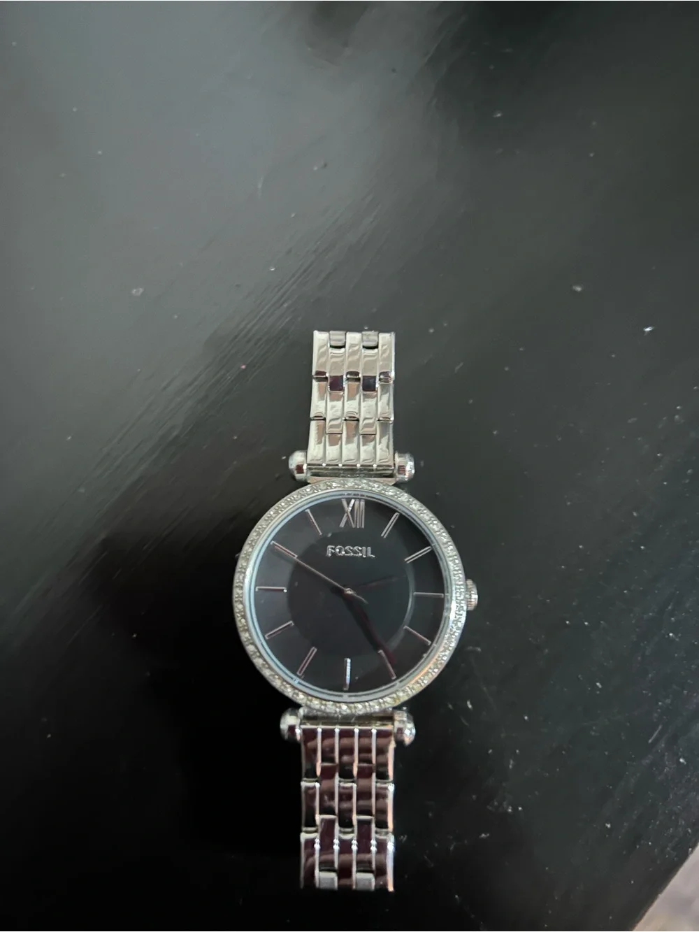 Fossil Silver and Black Women's Crystal-Trim Bracelet Watch